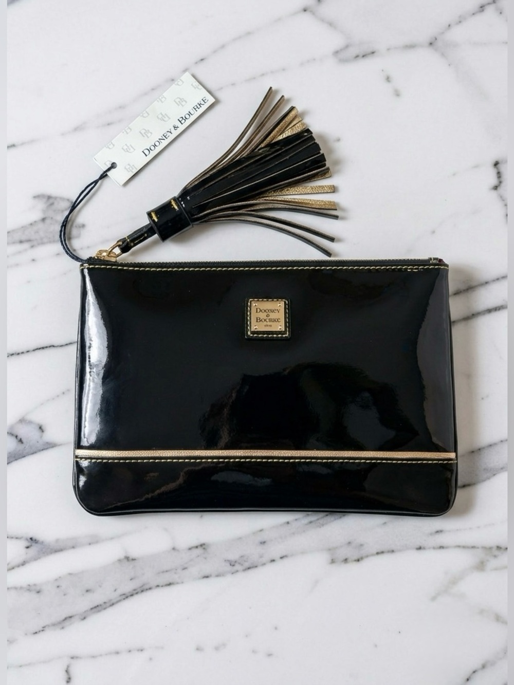 NWT Dooney & Bourke Black Patent Leather Clutch Wristlet Bag Statement Tassel - Picture 3 of 16